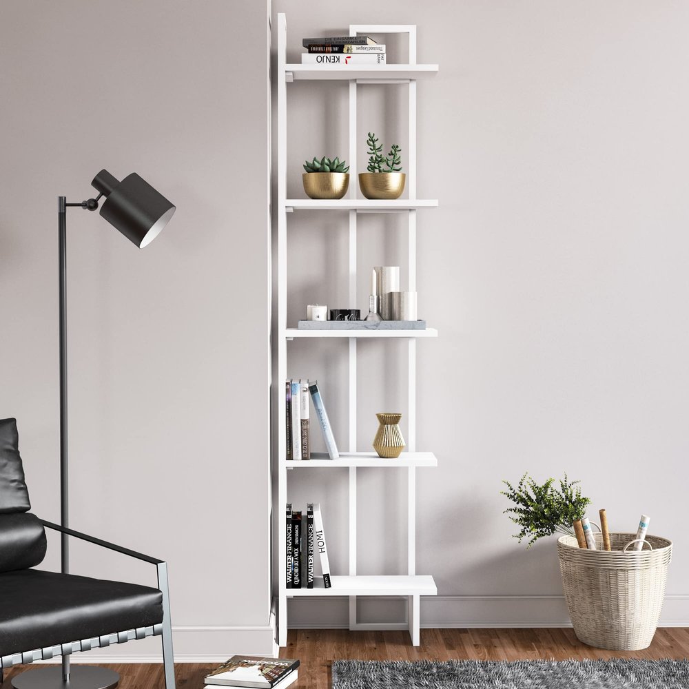 Decorotika Alice 71'' Tall 5-Tier Modern Industrial Corner Bookcase Bookshelf Shelving Unit (White)