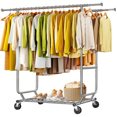 Raybee Clothes Rack Load 620 LBS, Metal Garment Storage with Shelf & Sturdy Wheels, Rolling Clothing Rack for Bedroom Laundry Room, Portable Commercial Garment Rack
