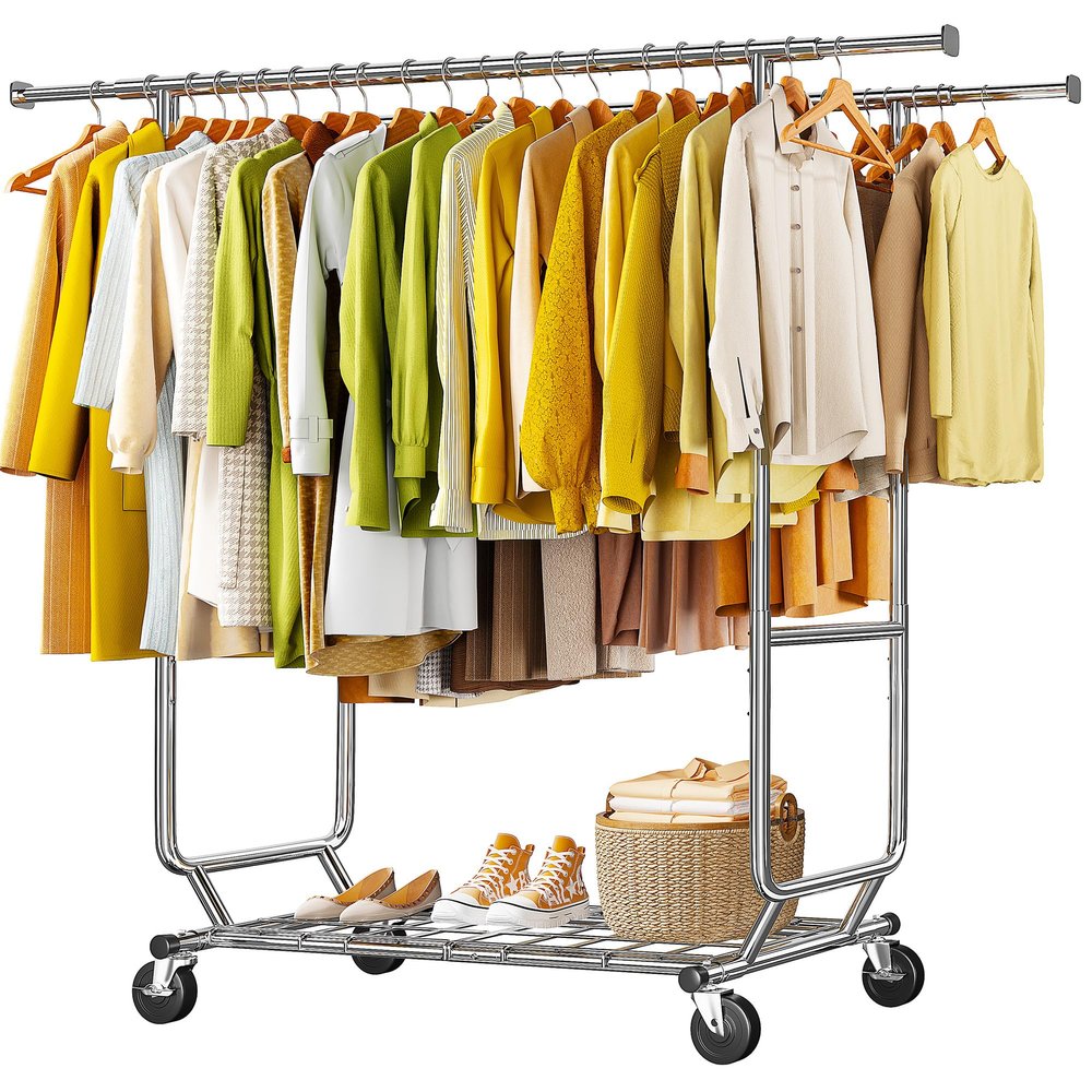 Raybee Clothes Rack Load 620 LBS, Metal Garment Storage with Shelf & Sturdy Wheels, Rolling Clothing Rack for Bedroom Laundry Room, Portable Commercial Garment Rack