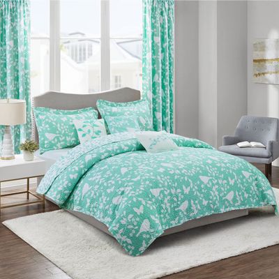 HESTIN 8 Piece Microfiber Reversible Bedspread Plant Design Matching Light Filtering Curtains for All Season, Seafoam, Oversize (122" x 106")