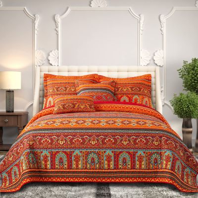 BEDIFANY Cotton King Size Quilt Set - Boho Lightweight King Bedspread - Colorful Orange Reversible Coverlets Quilt Bedding Sets - Oversized King Quilt Set for Bed Decorations for All Seasons, 3 Pieces
