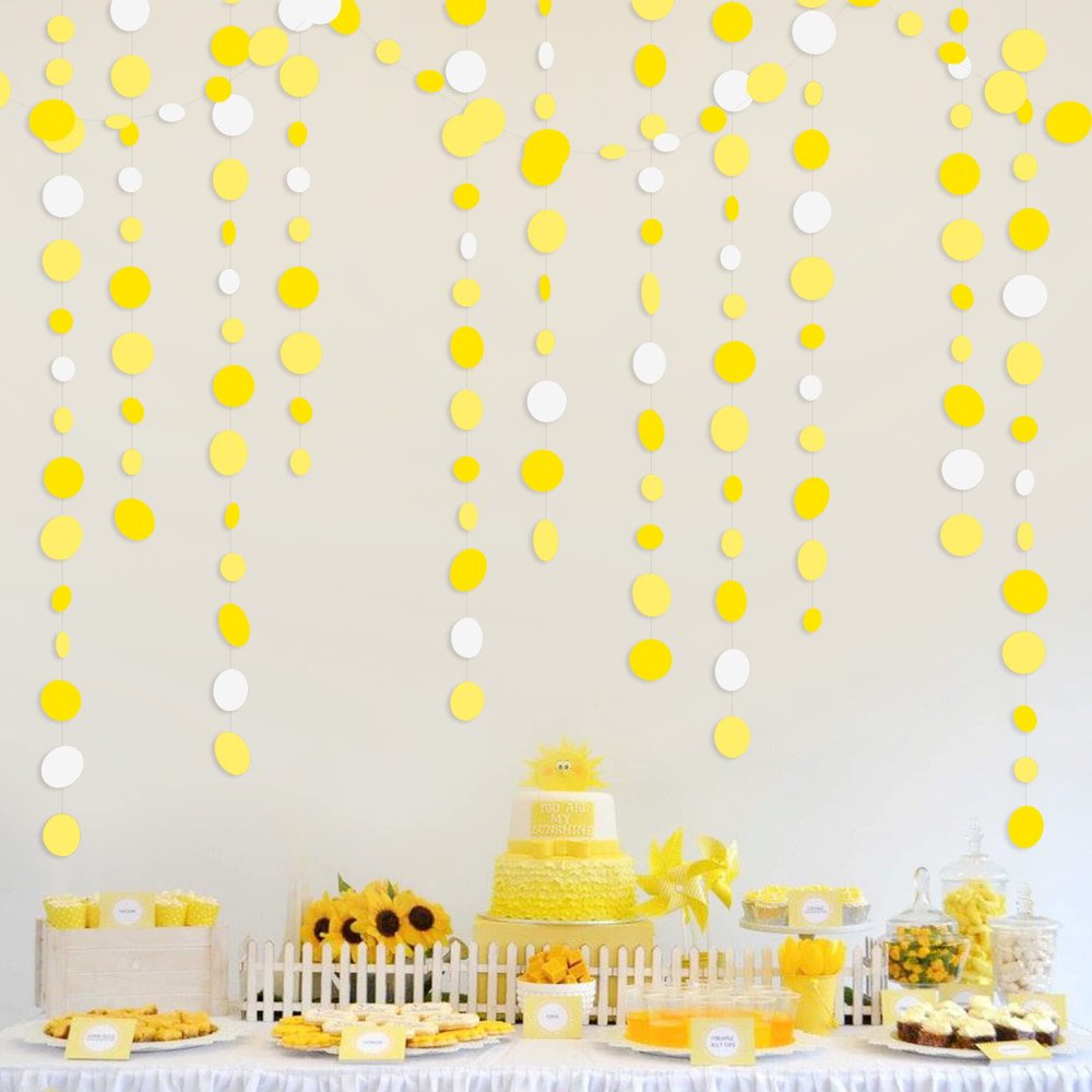 46 Ft Yellow White Circle Dots Garland Gradient Yellow Polka Dot Hanging Paper Streamer for Wedding Bridal Shower Birthday Baby Shower Engagement Bee Sunflower Lemon Theme Party Decorations Supplies