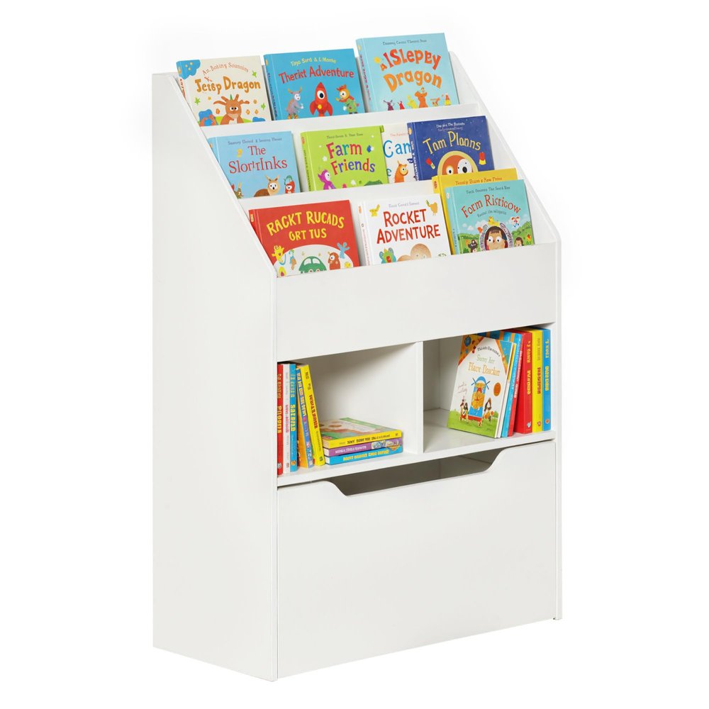 HOMCOM Kids Bookcase Multi-Shelf Rack Organizer with Storage Drawer for Books, Playroom, White