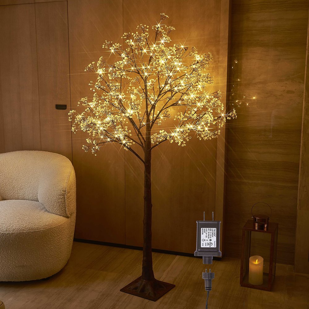 Hairui Artificial Baby Breath Flowers Tree with Lights 5FT 126LED,Prelit Lighted Gypsophila twig Tree for Wedding Party Christmas Holiday Decoration Indoor Outdoor Use