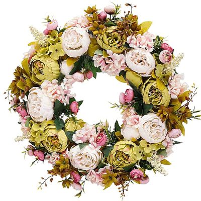 BOMAROLAN Artificial Peony Flower Wreath 19Inch Vintage Blooming Silk Peonies Spring Summer Fall Winter Large Wreaths Flower Green Leaves for Outdoor Front Door Indoor Wedding Wall Or Window Dcor