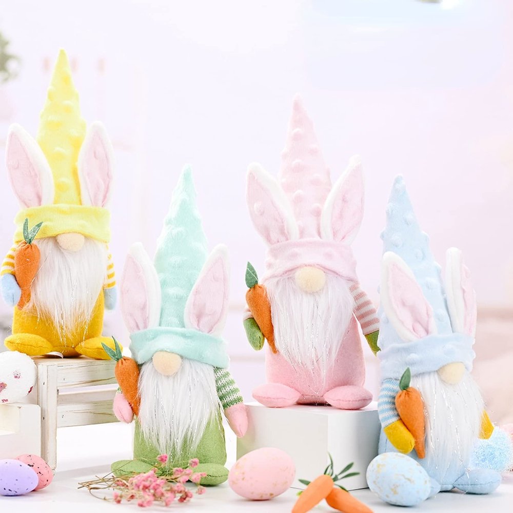 4Pcs Easter Bunny Gnome Decorations Rabbit Ears Tomte Elf Plush Decor Carrot Dwarf Figurines Ornaments for Home Party Table Tiered Tray Spring Easter Gifts Yellow Green Pink Blue