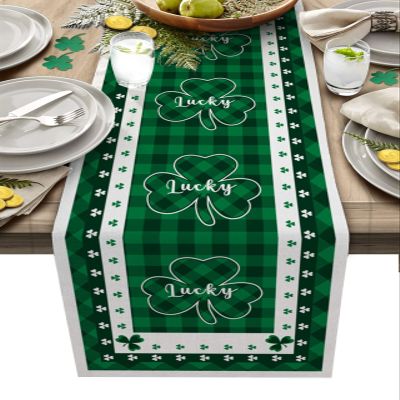 Libaoge St Patricks Day Table Runner 72 inches Long Luck Shamrocks Green Buffalo Plaid Check Burlap Coffee Table Runners for Family Dinner, Parties, Wedding, Gathering 14x72inch