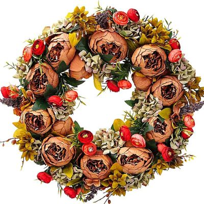 BOMAROLAN Artificial Peony Flower Wreath 19Inch Vintage Blooming Silk Peonies Spring Summer Fall Winter Large Wreaths Flower Green Leaves for Outdoor Front Door Indoor Wedding Wall Or Window Dcor
