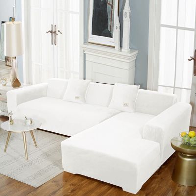 CAMZ Velvet Sofa Slipover for L/U Shape Sofa Cover, Stretch1 2 3 4 Seater Sectional Couch Cover Non Slip Furniture Protector for Kids Pets Dogs (White L Shape (3 Seater+3 Seater))