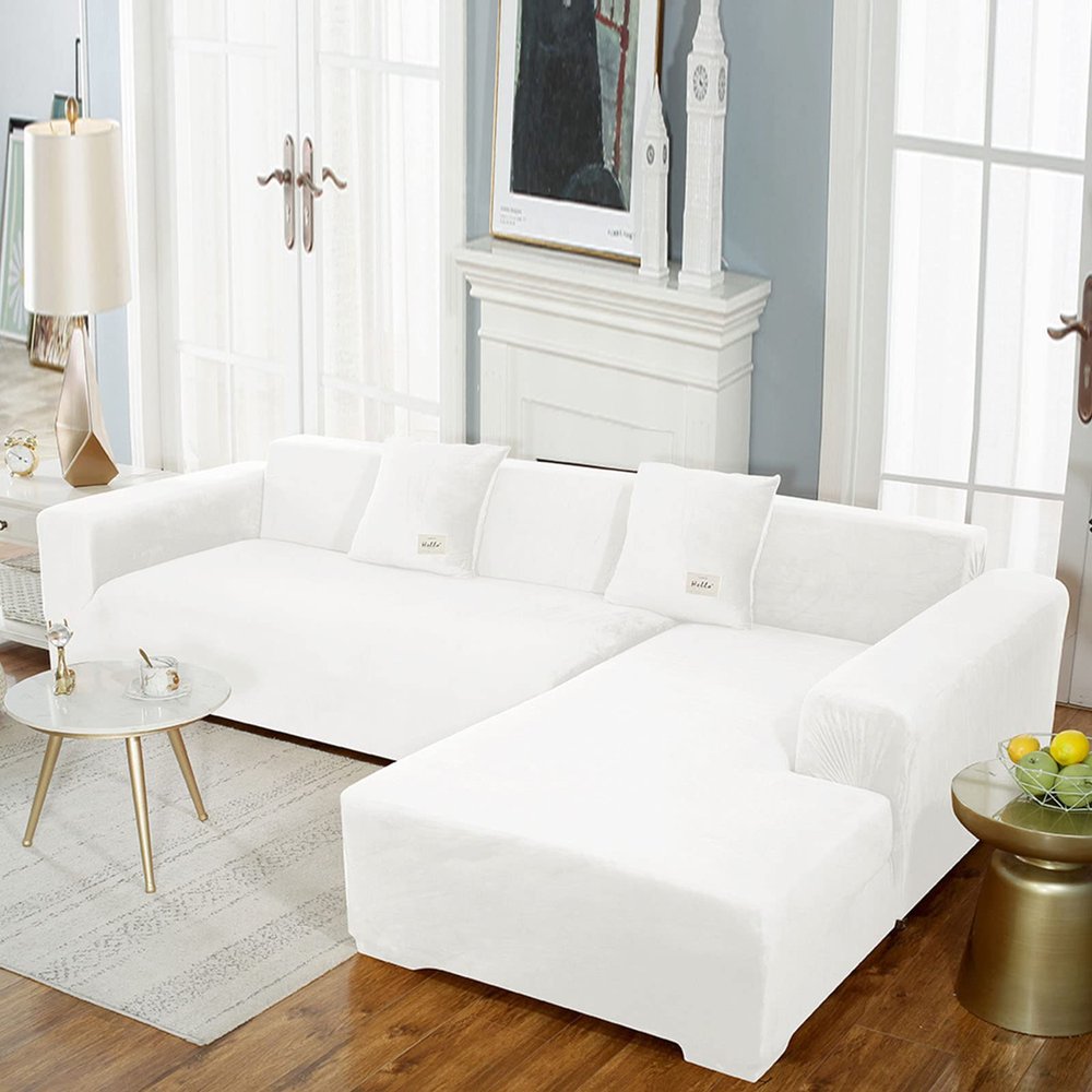 CAMZ Velvet Sofa Slipover for L/U Shape Sofa Cover, Stretch1 2 3 4 Seater Sectional Couch Cover Non Slip Furniture Protector for Kids Pets Dogs (White L Shape (3 Seater+3 Seater))