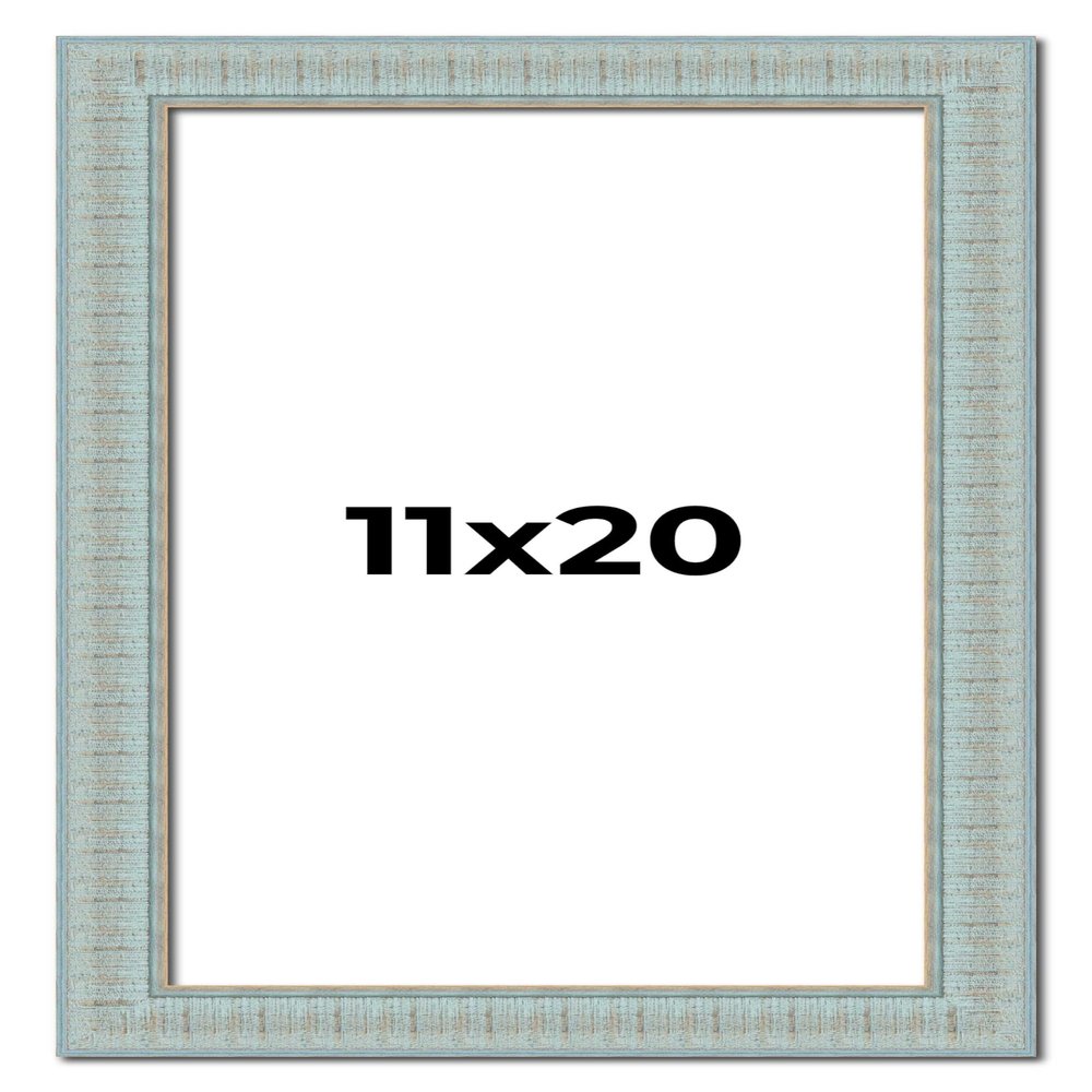 11x20 Frame Blue Ashy Green Distressed Solid Wood Picture Frame Width | 1.625 Inch Moulding Width | Sonoma Blue Frame Complete with UV Acrylic Plexiglass, Foam Board Backing & Hanging Hardware