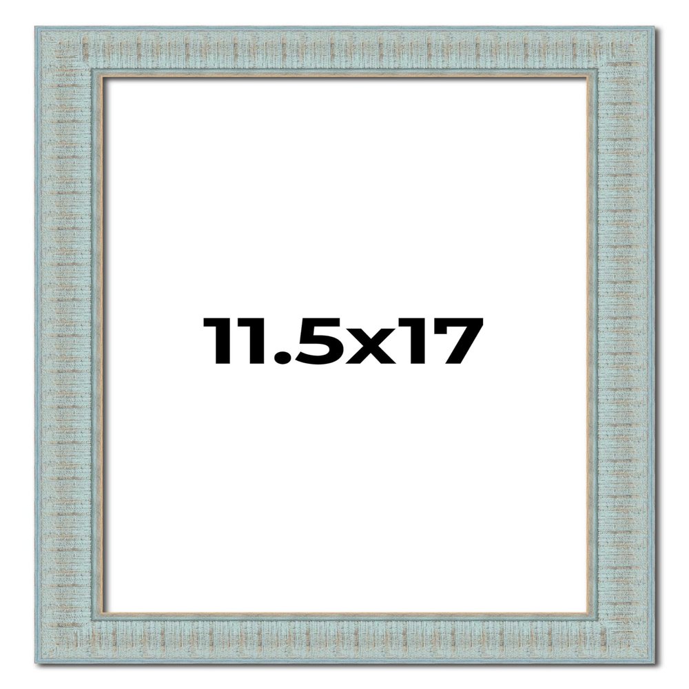 11.5x17 Frame Blue Ashy Green Distressed Solid Wood Picture Frame Width | 1.625 Inch Moulding Width | Sonoma Blue Frame Complete with UV Acrylic Plexiglass, Foam Board Backing & Hanging Hardware