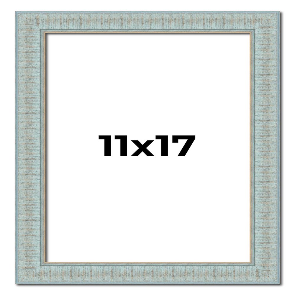 11x17 Frame Blue Ashy Green Distressed Solid Wood Picture Frame Width | 1.625 Inch Moulding Width | Sonoma Blue Frame Complete with UV Acrylic Plexiglass, Foam Board Backing & Hanging Hardware