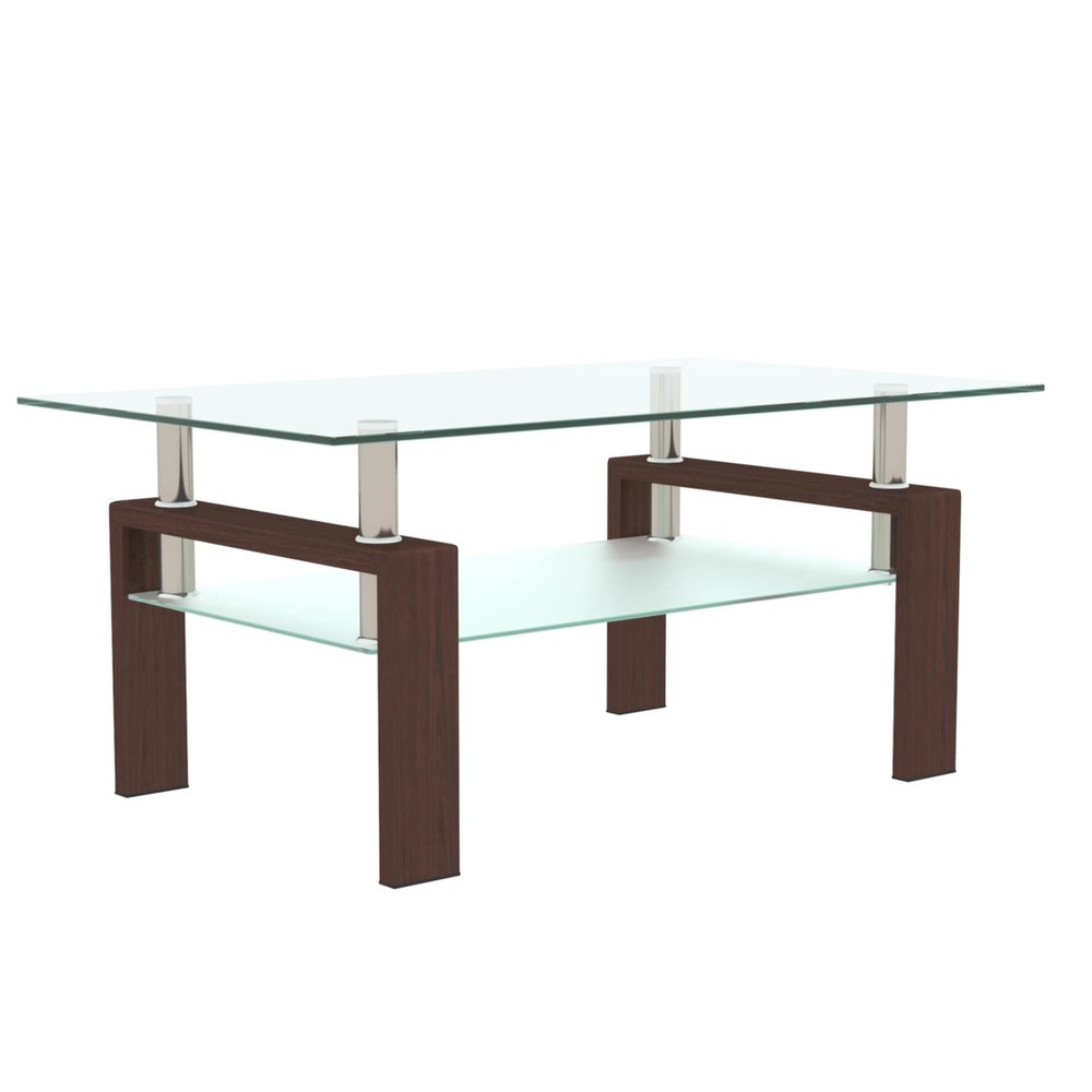 39.4'' Rectangle Glass Coffee Table, Brown Coffee Table with Tempered Glass & Metal Legs, 2-Tier Modern Center Table with Storage Shelf, Clear Glass Coffee Tables for Living Room, Apartment, Office