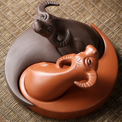 XIALON 10.5cm Handmade Cattle Statue Tea Pet Decorations Tea Play Tea Ceremony Kung Fu Tea Set