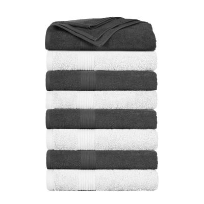 Ample Decor Bath Towels Set of 8 600 GSM 100% Cotton, Absorbent Soft Premium Quality Machine Washable, Oeko Tex Certified, for Bathroom, Hotel, Spa, Gym, Kitchen - White & Grey - 30 X 54 Inch