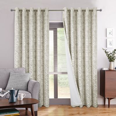 always4u 100% Blackout Metallic Look Geometry Foil Print Velvet Curtains Luxury Texture Drapes for Living Room Bedroom 2 Panels Natural 54 * 108