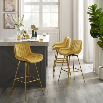 Zouron Swivel Bar Stools Set of 4 for Kitchen, 29" Bar Height Chairs with Back Tall Barstools Velvet Kitchen Island Stools with Gold-Plated Metal Legs, Golden Yellow