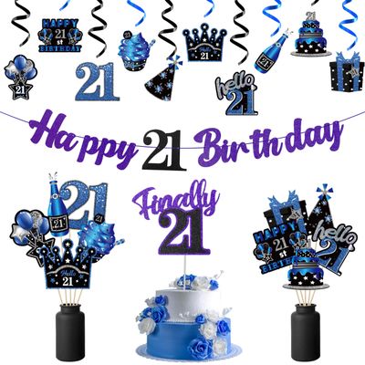 WATINC 42pcs 21st Blue Purple Birthday Banner Party Decorations, Hello 21 Glitter Hanging Garlands Swirls Sign for 21 Years Old Party Favor, Blue Black Sliver Cake Topper Centerpieces Home Table Decor