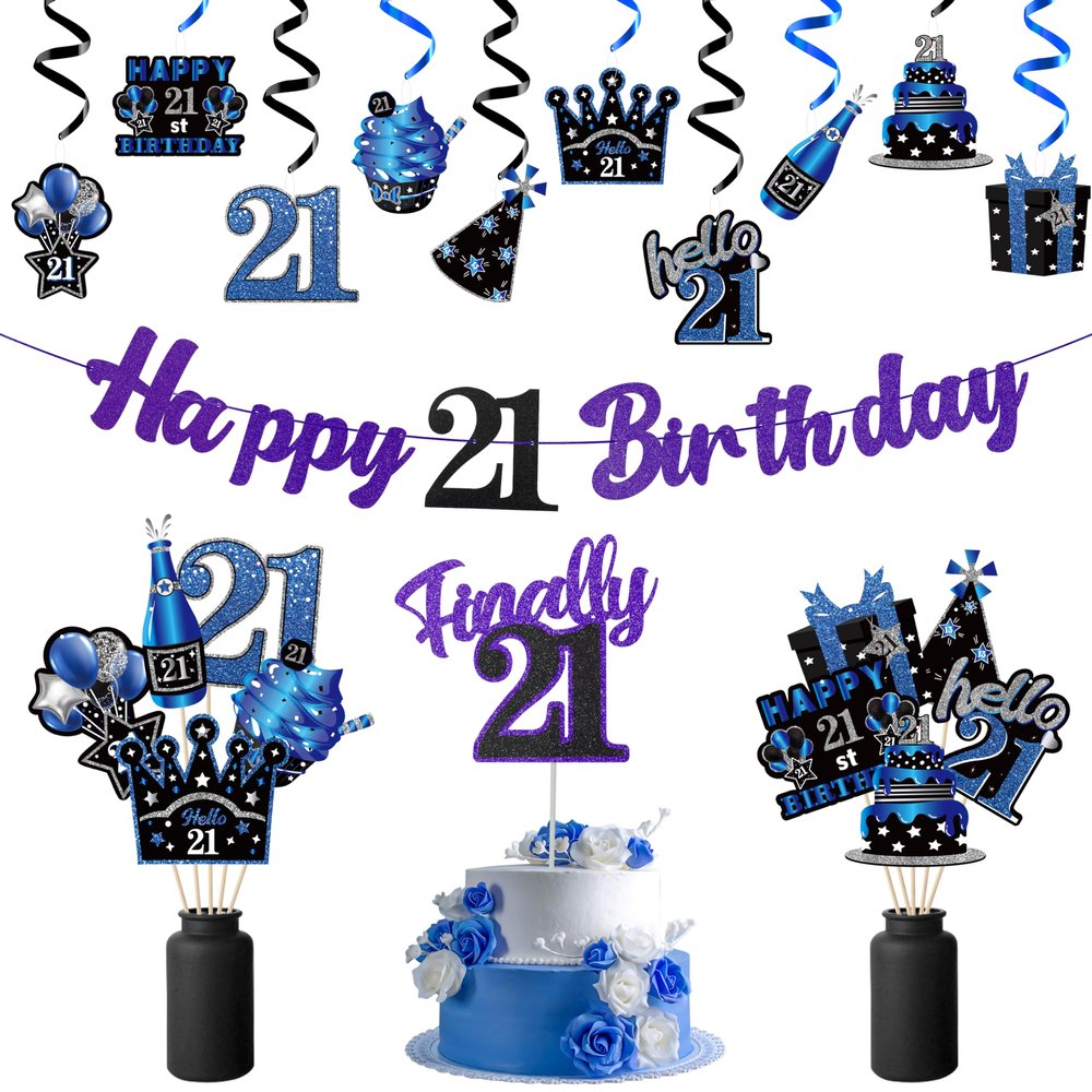 WATINC 42pcs 21st Blue Purple Birthday Banner Party Decorations, Hello 21 Glitter Hanging Garlands Swirls Sign for 21 Years Old Party Favor, Blue Black Sliver Cake Topper Centerpieces Home Table Decor
