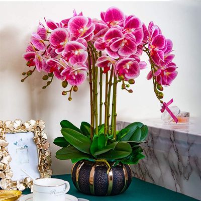 Artificial Flower Artificial Phalaenopsis Flowers Orchids with Vase Flower Arrangement Faux Flower Bonsai Butterfly Orchid Set Home Decor Purple (Color : Mallow red)
