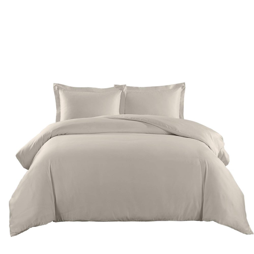 4PC Full/Queen Comforter Set Includes Cotton Blend 650 Thread Count Solid Beige Duvet Cover Set with White Down Alternative Duvet Insert
