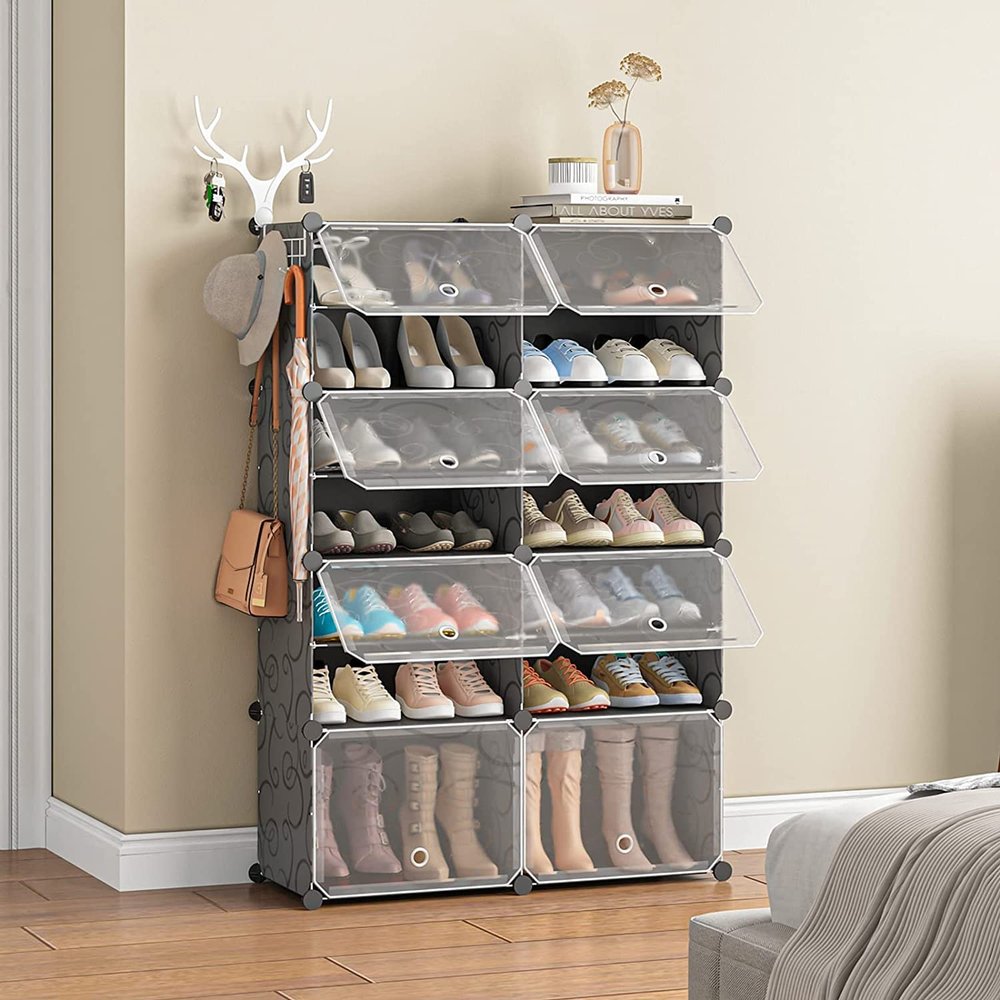 Aeitc 32 Pairs Shoe Rack Organizer Shoe Organizer Expandable Shoe Storage Cabinet Narrow Standing Stackable Space Saver Shoe Rack for Entryway, Hallway and Closetblack