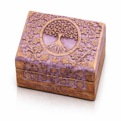 Great Birthday Gifts Handmade Decorative Wooden Jewelry Box Tree Of Life Carving Jewelry Organizer Keepsake Box Treasure Chest Trinket Holder Watch Box Storage Lock Box Housewarming Gifts (Violet)