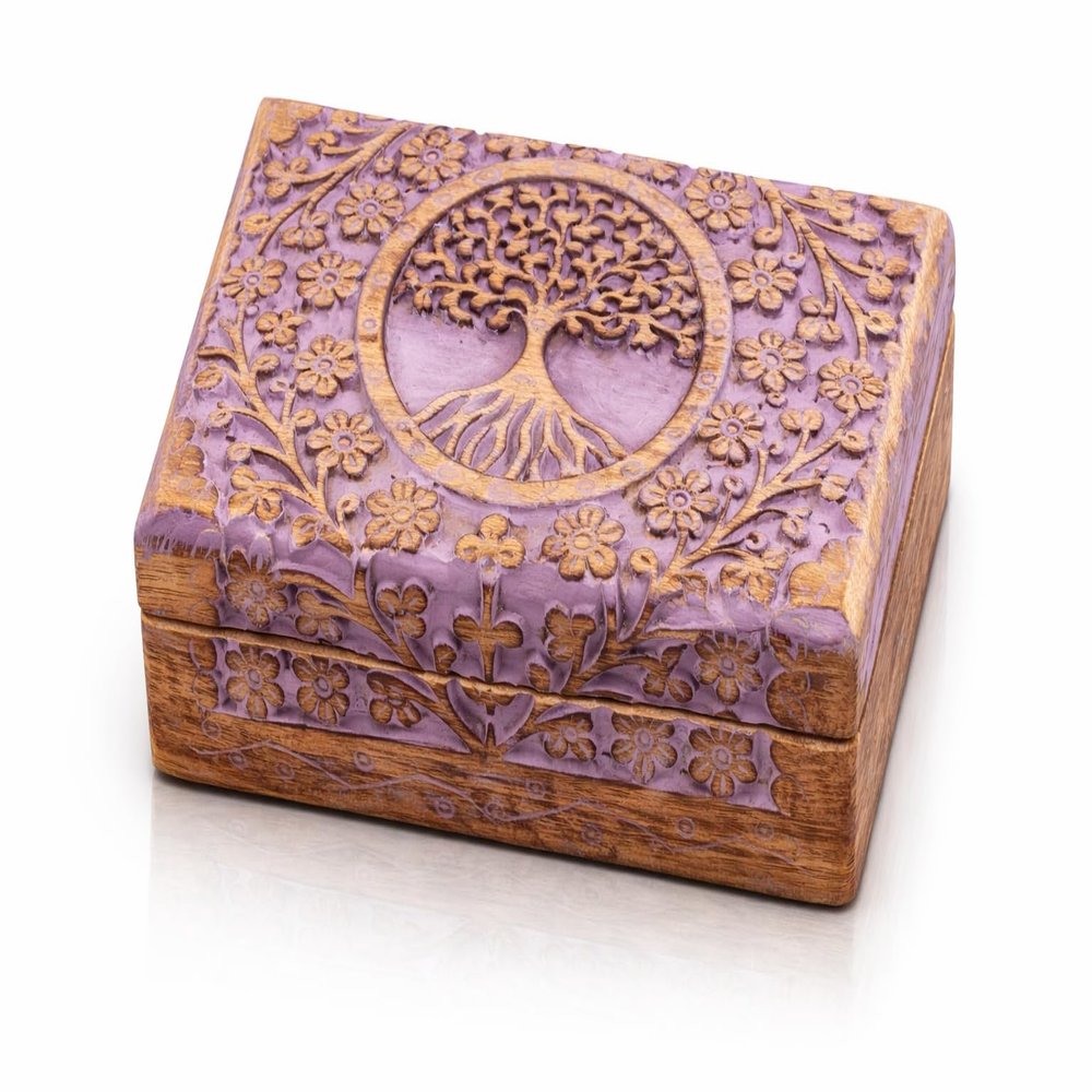 Great Birthday Gifts Handmade Decorative Wooden Jewelry Box Tree Of Life Carving Jewelry Organizer Keepsake Box Treasure Chest Trinket Holder Watch Box Storage Lock Box Housewarming Gifts (Violet)