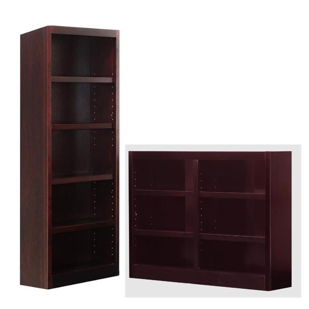 Home Square 2 Piece Set with 72" Tall 5-Shelf Solid Wood Bookcase & Double Wide 36" 6 Shelf Bookcase, in Cherry