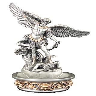 Catholic & Religious Statue St. Michael Holy Water Font in a Pewter Style Finish with Golden Highlights, can Stand or Hang, 8".