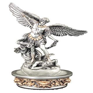 Catholic & Religious Statue St. Michael Holy Water Font in a Pewter Style Finish with Golden Highlights, can Stand or Hang, 8".