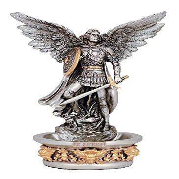 Catholic & Religious Statue St. Michael Font, Pewter Style with Gold Trim, Stands or Hangs, 7"