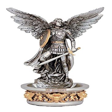 Catholic & Religious Statue St. Michael Font, Pewter Style with Gold Trim, Stands or Hangs, 7"