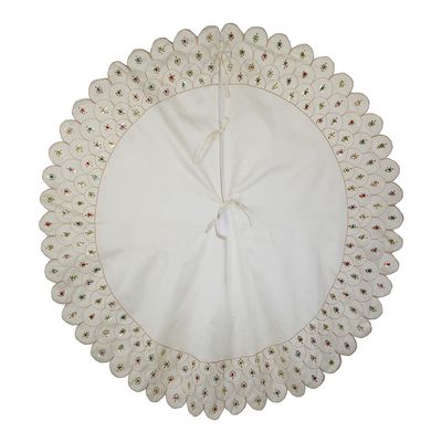 60-Inch Multi-Colored Beads Scalloped Ivory Embroidered Tree Skirt