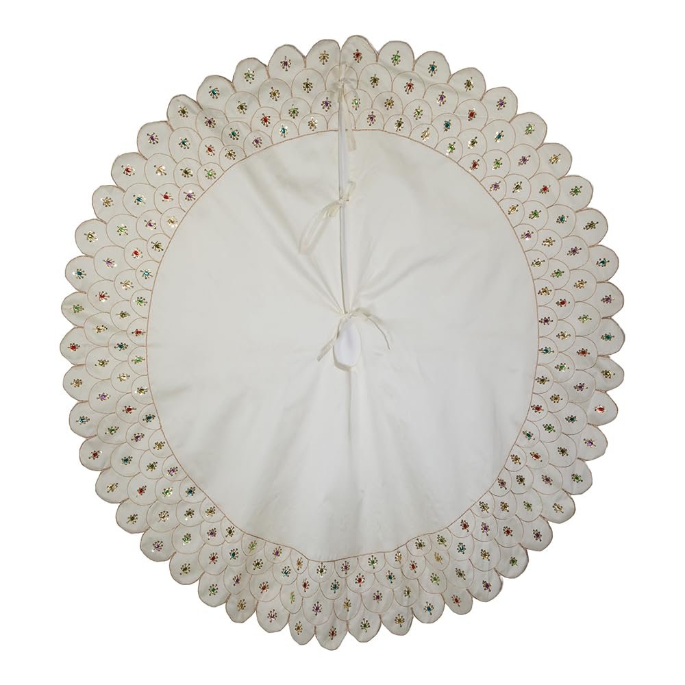 60-Inch Multi-Colored Beads Scalloped Ivory Embroidered Tree Skirt