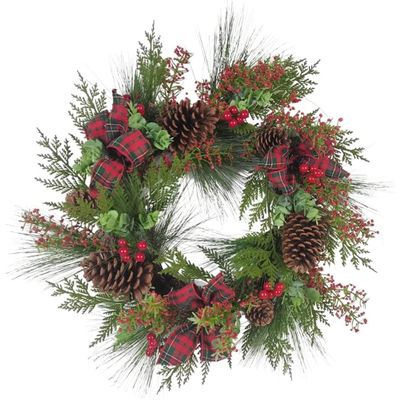 24-Inch Berries and Pinecone Ribbon Rattan Wreath