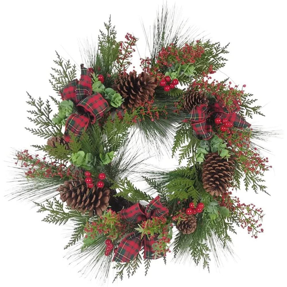 24-Inch Berries and Pinecone Ribbon Rattan Wreath