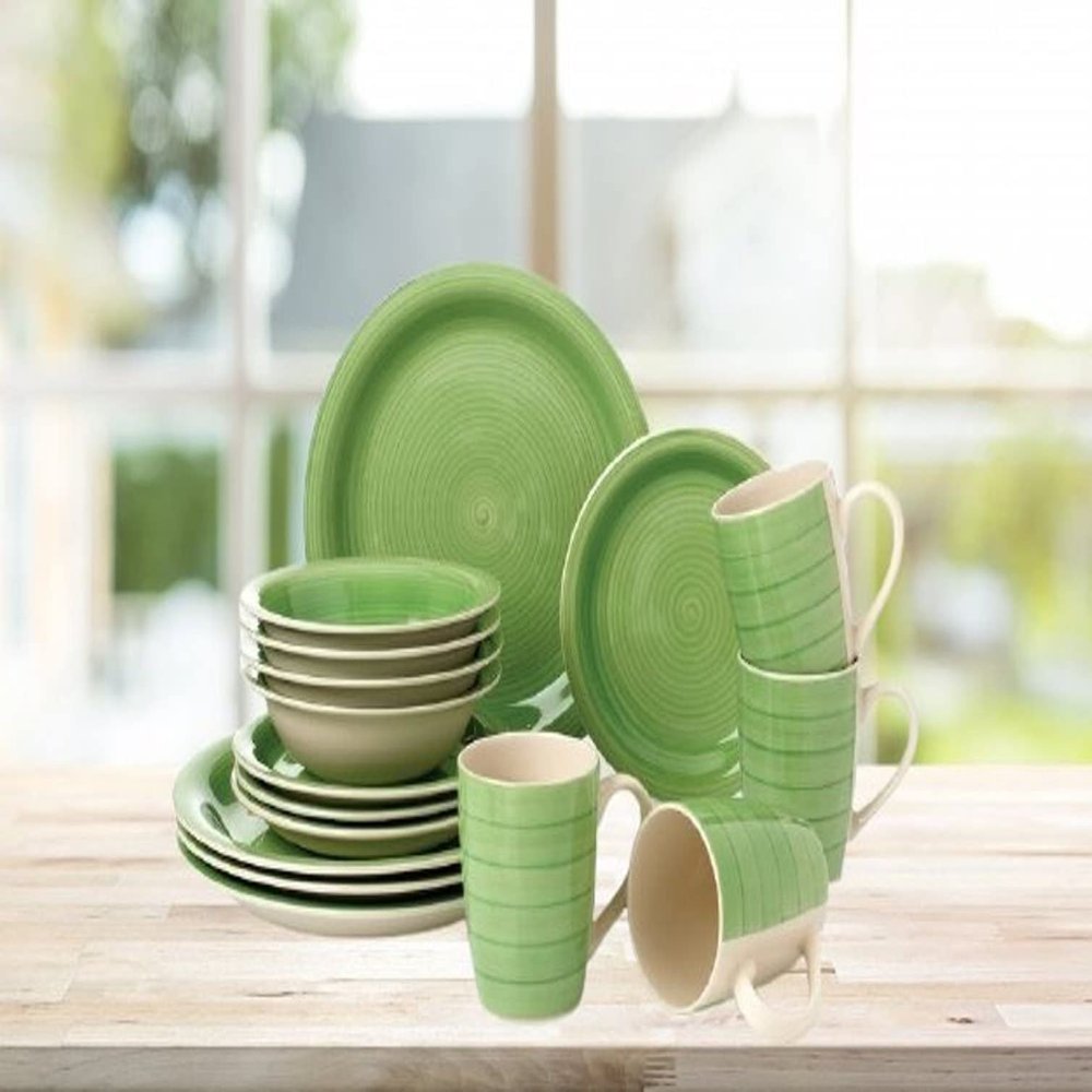16 pieces Hand Painted Color Stone Lain Dinnerware Set for 4 (Green)