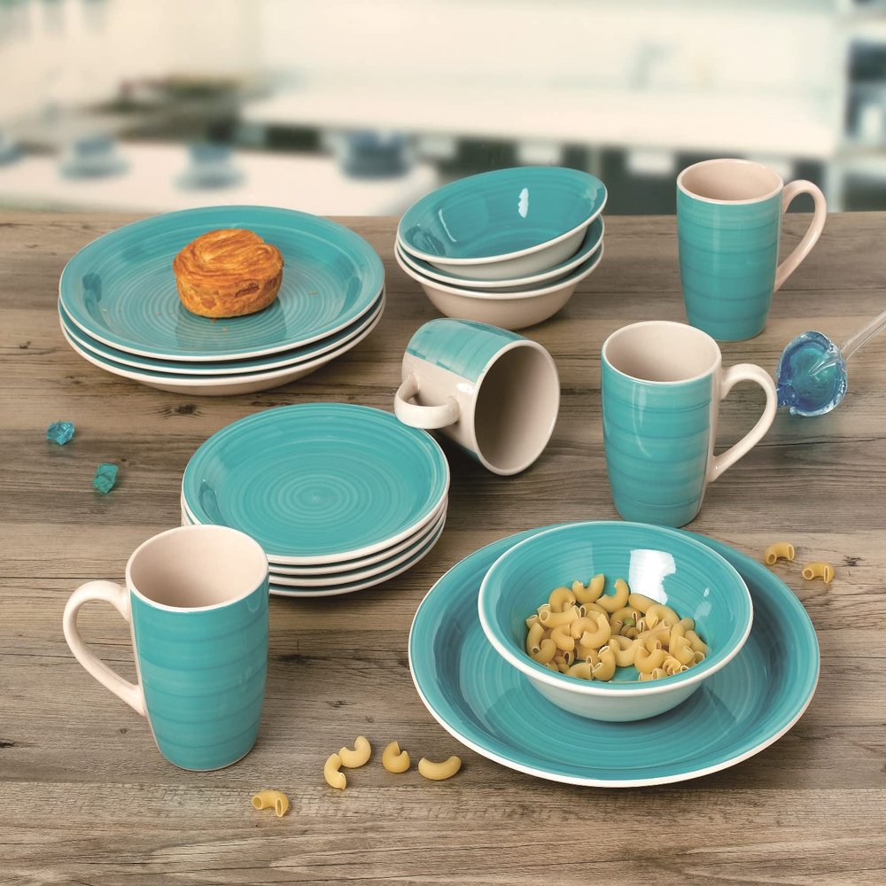 16 pieces Hand Painted Color Stone Lain Dinnerware Set for 4 (Blue)