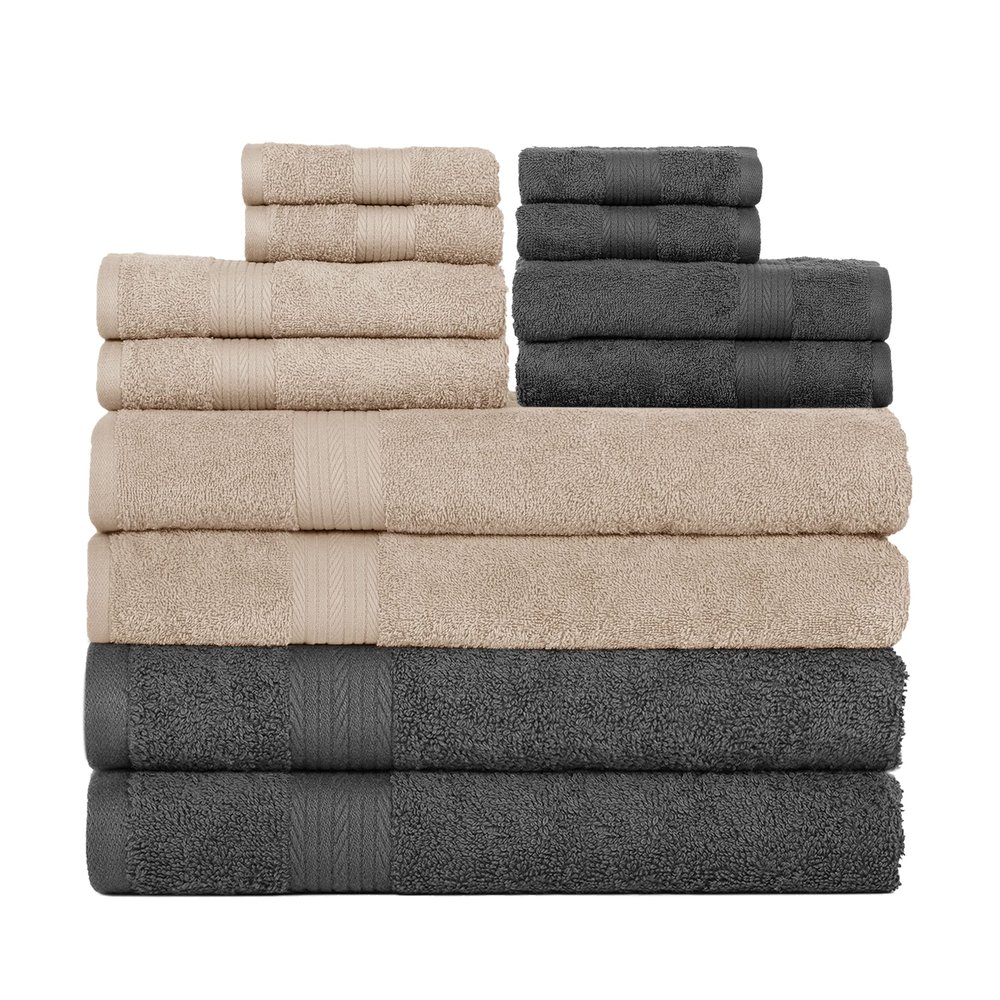 Ample Decor Set of 12 600 GSM 100% Cotton - 4 Bath Towels, 4 Hand Towels, 4 Wash Cloths, Absorbent Soft Premium Quality Machine Washable, Oeko Tex Certified Ideal for Gifting - Beige - Grey