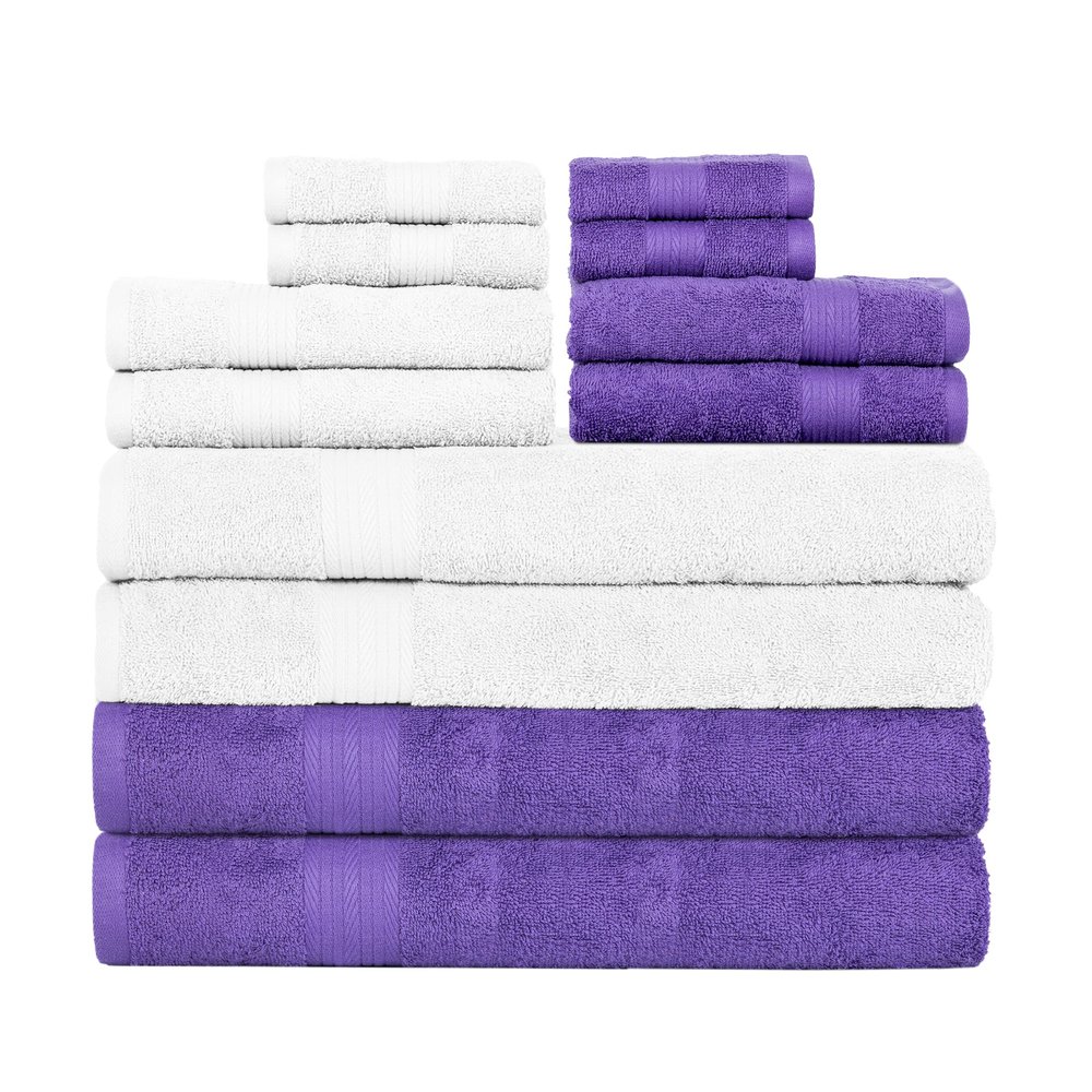 Ample Decor Set of 12 600 GSM 100% Cotton - 4 Bath Towels, 4 Hand Towels, 4 Wash Cloths, Absorbent Soft Premium Quality Machine Washable, Oeko Tex Certified Ideal for Gifting - White - Purple