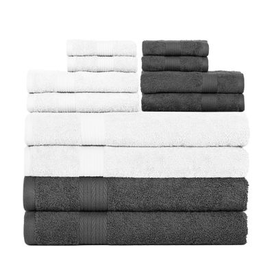 Ample Decor Set of 12 600 GSM 100% Cotton - 4 Bath Towels, 4 Hand Towels, 4 Wash Cloths, Absorbent Soft Premium Quality Machine Washable, Oeko Tex Certified Ideal for Gifting - White - Grey