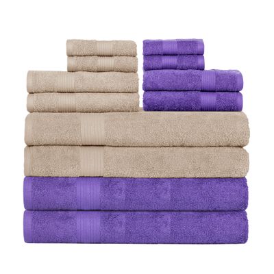 Ample Decor Set of 12 600 GSM 100% Cotton - 4 Bath Towels, 4 Hand Towels, 4 Wash Cloths, Absorbent Soft Premium Quality Machine Washable, Oeko Tex Certified Ideal for Gifting - Beige - Purple