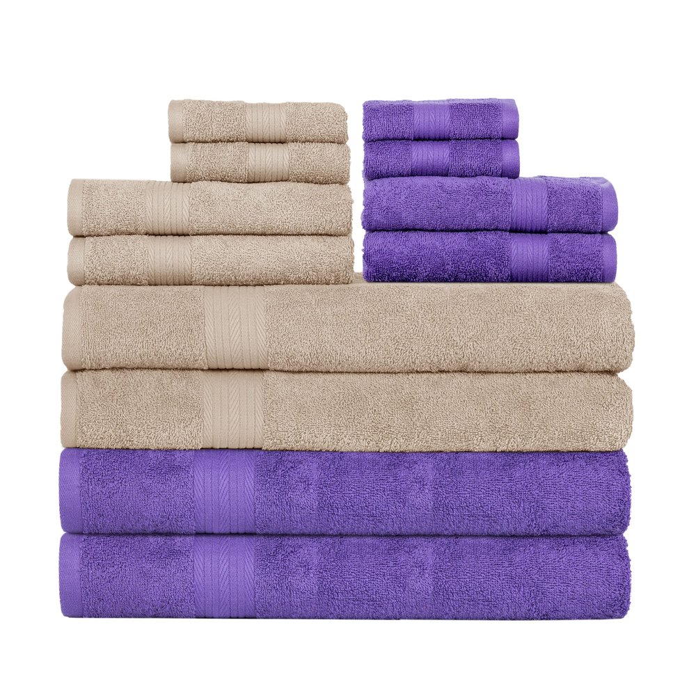Ample Decor Set of 12 600 GSM 100% Cotton - 4 Bath Towels, 4 Hand Towels, 4 Wash Cloths, Absorbent Soft Premium Quality Machine Washable, Oeko Tex Certified Ideal for Gifting - Beige - Purple