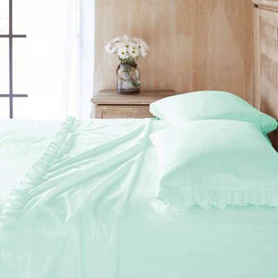Bedding Castle Shabby Chic Ruffled 4pc Sheet Set 100% Cotton Cottage French Country Style Frilled Bed Sheets 15" Deep Pocket (Aqua Blue, Short Queen (60x75))
