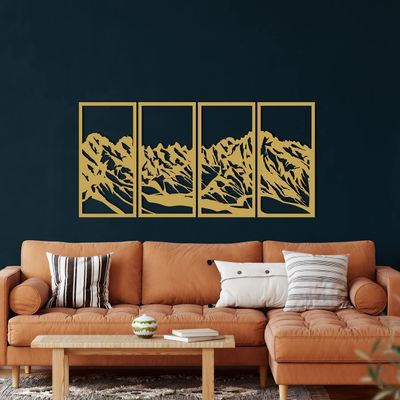 Metal Wall Decor, Mountain 4 Panel , Home Living Room Decor, Wall Sign, Metal Wall Art, Interior Decoration, Indoor Outdoor Hangings, Gold (100x50cm)