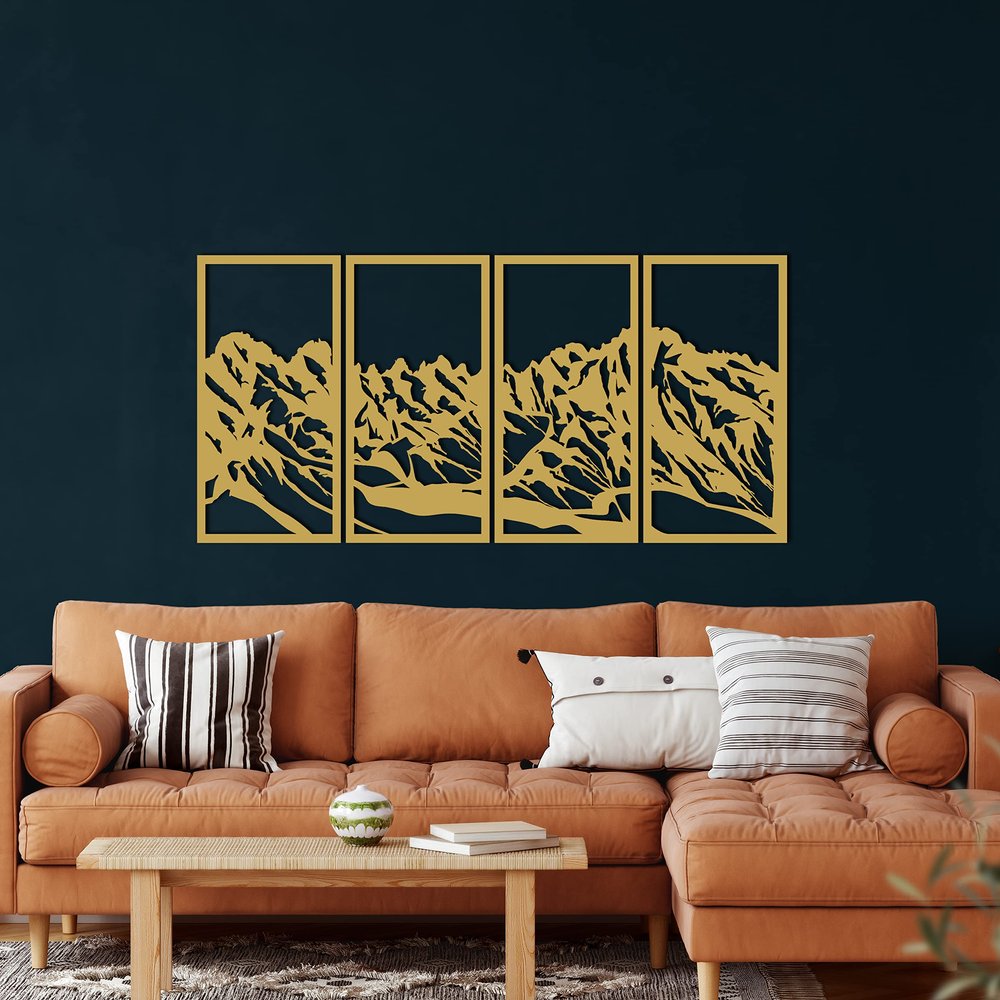 Metal Wall Decor, Mountain 4 Panel , Home Living Room Decor, Wall Sign, Metal Wall Art, Interior Decoration, Indoor Outdoor Hangings, Gold (100x50cm)