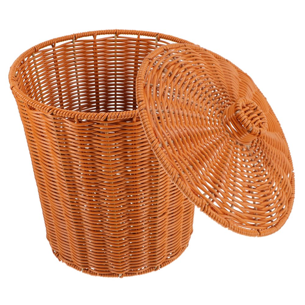 1Pcs Round Rattan Waste Basket Bin Handwoven Rattan Storage Baskets with Lid Hamper Books Newspaper Decorative Can for Bedroom Desktop Coffee