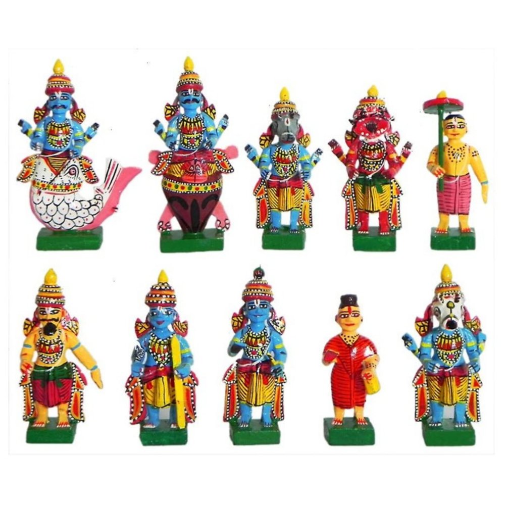 Hastha Kalalu | The Ten Avatars/The Ten Incarnations of Lord Vishnu/Dashavataralu Wooden Set/Navaratri Golu | Indian Ethnic Home Decor (Wood, 3 Inches)